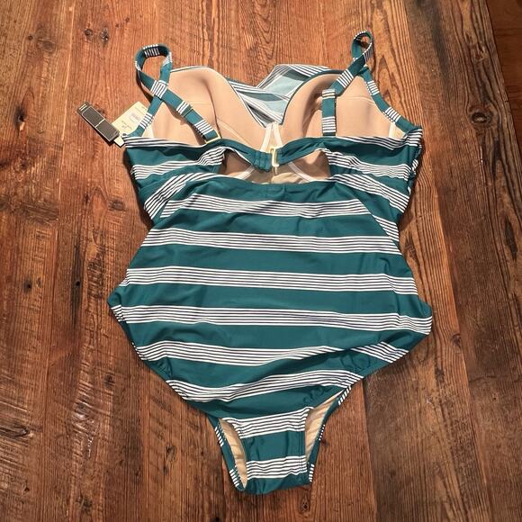 New One Piece Bathing Suit Size 3X Terra & Sky Teal Green Stripe Tummy Control - Picture 3 of 13